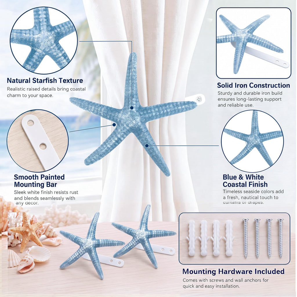 Natural Starfish Curtain Tiebacks Coastal Curtain Holdbacks - 2 Pcs