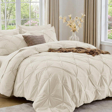Sasttie Comforter Set, 7-Piece Bed in a Bag, Pintuck Bedding Sets for All Season, Includes Comforter, Flat Sheet