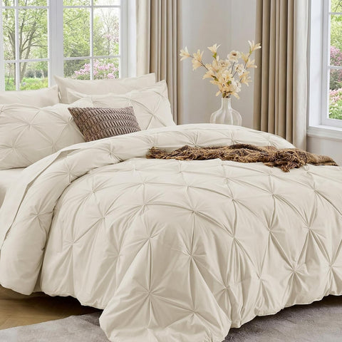 Sasttie Queen Comforter Set, 7-Piece Bed in a Bag, Pintuck Bedding Sets for All Season, Includes Comforter, Flat Sheet