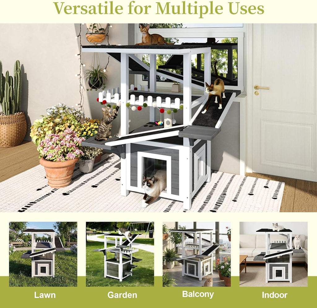 Outdoor Cat House with Roof, Wooden Cat Shelter for Feral Cat, 4 Tier