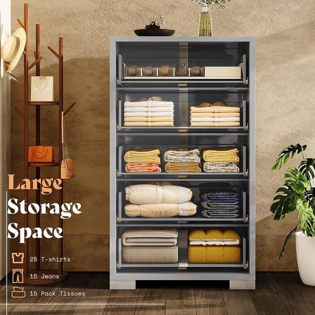 5 Drawer Dresser with Glossy Finish, Modern Storage Chest, Grey | 50.2" Tall Dresser, Storage Organizer, High Gloss