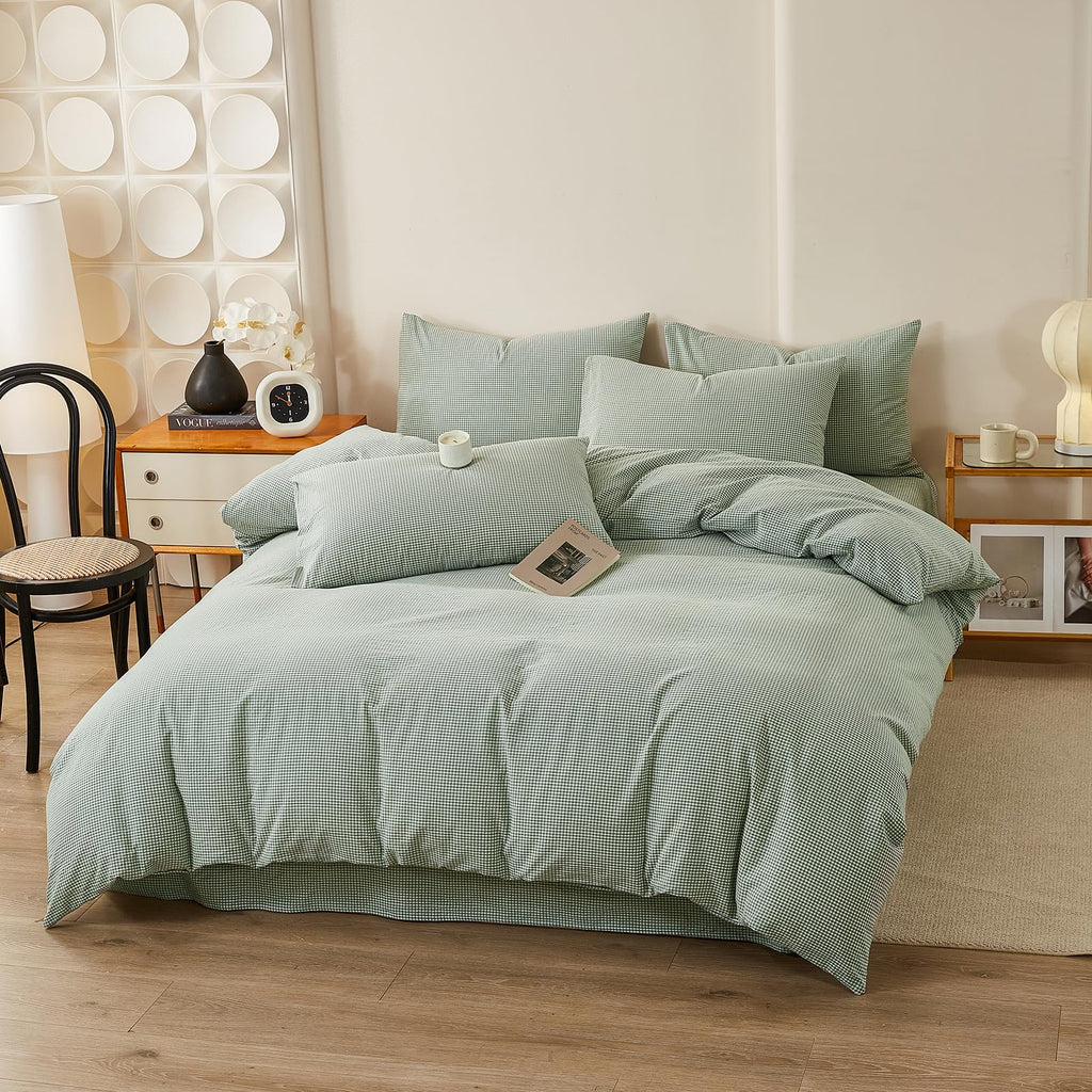 Mint Green Gingham Duvet Cover Set - 3 Piece Washed Cotton Linen Like Plaid Bedding Set with Zipper, Soft &