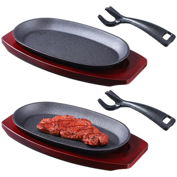 2 Pcs Oval Cast Iron Fajita Skillet Pan Set Small Sizzling Steak Plate with Wooden Base and Handle Cast Iron Fajita