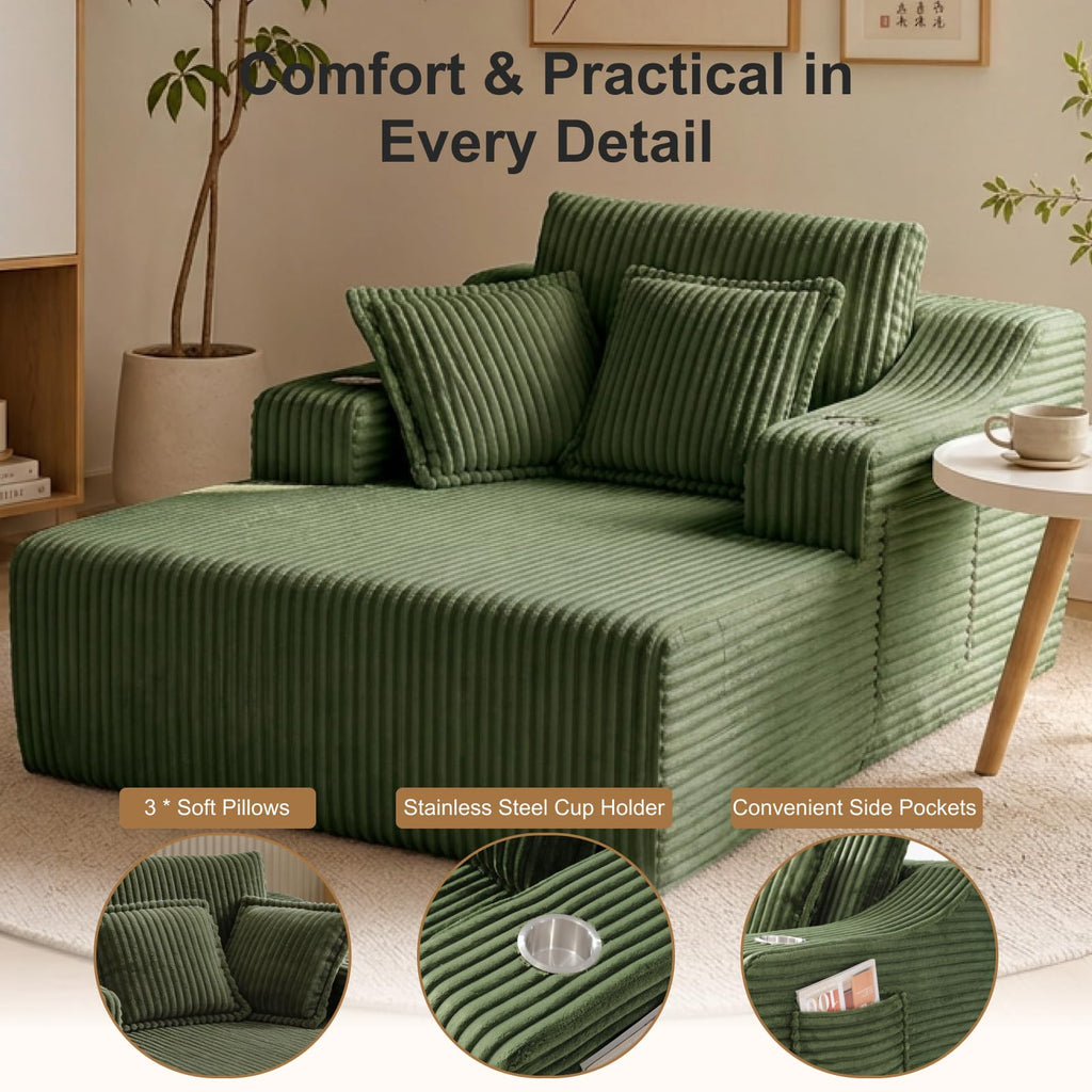 67" Oversized Chaise Lounge Chair Indoor, Boneless Chair with Cup Holders