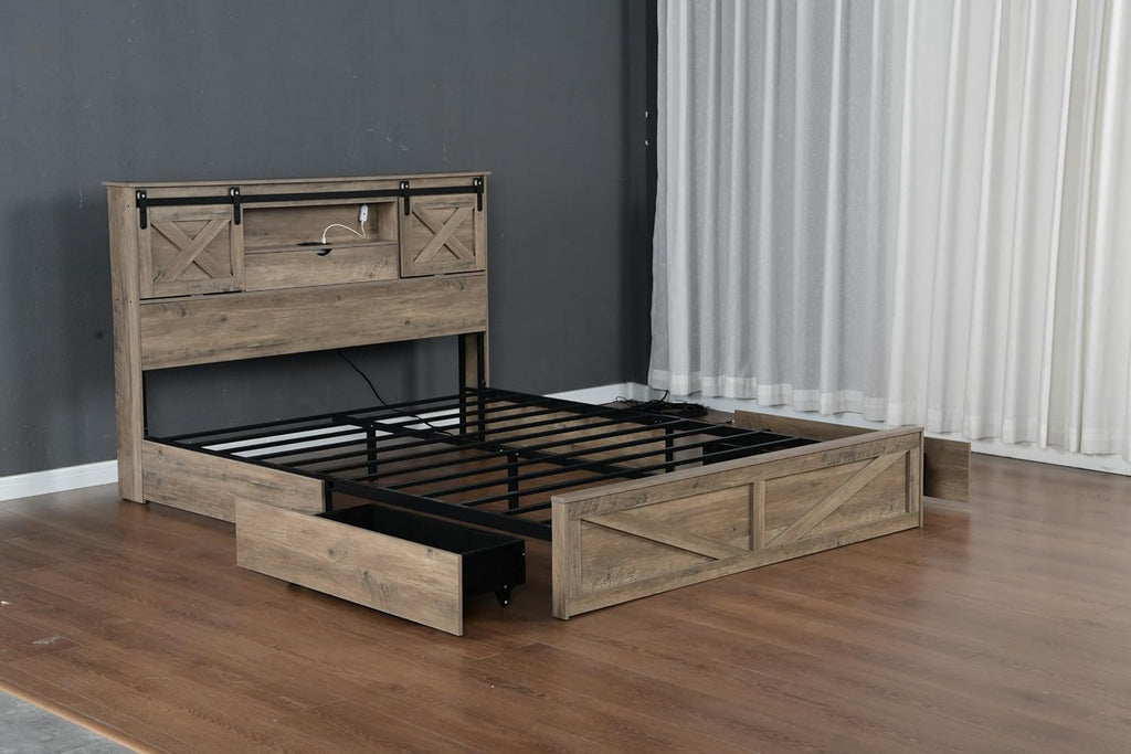 Farmhouse King Bed Frame with Sliding Barn Door Storage Headboard, LED Light and Charging Station, Wood Platform Bed