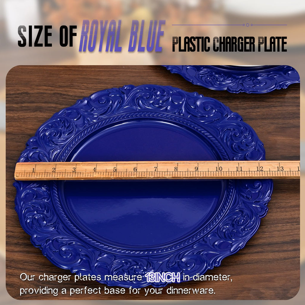 Royal Blue Charger Plates Bulk 10Pcs - 13" Royal Blue Chargers for Dinner Plates, Floral Embossed Decorative Charger
