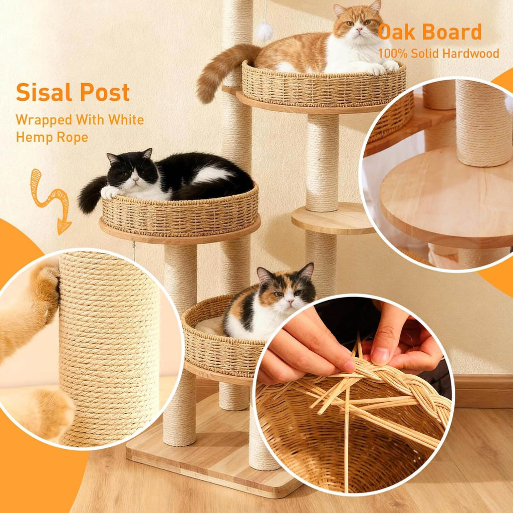 54in Solid Wood Cat Tree for Indoor Cats, Modern Tall Cat Tower