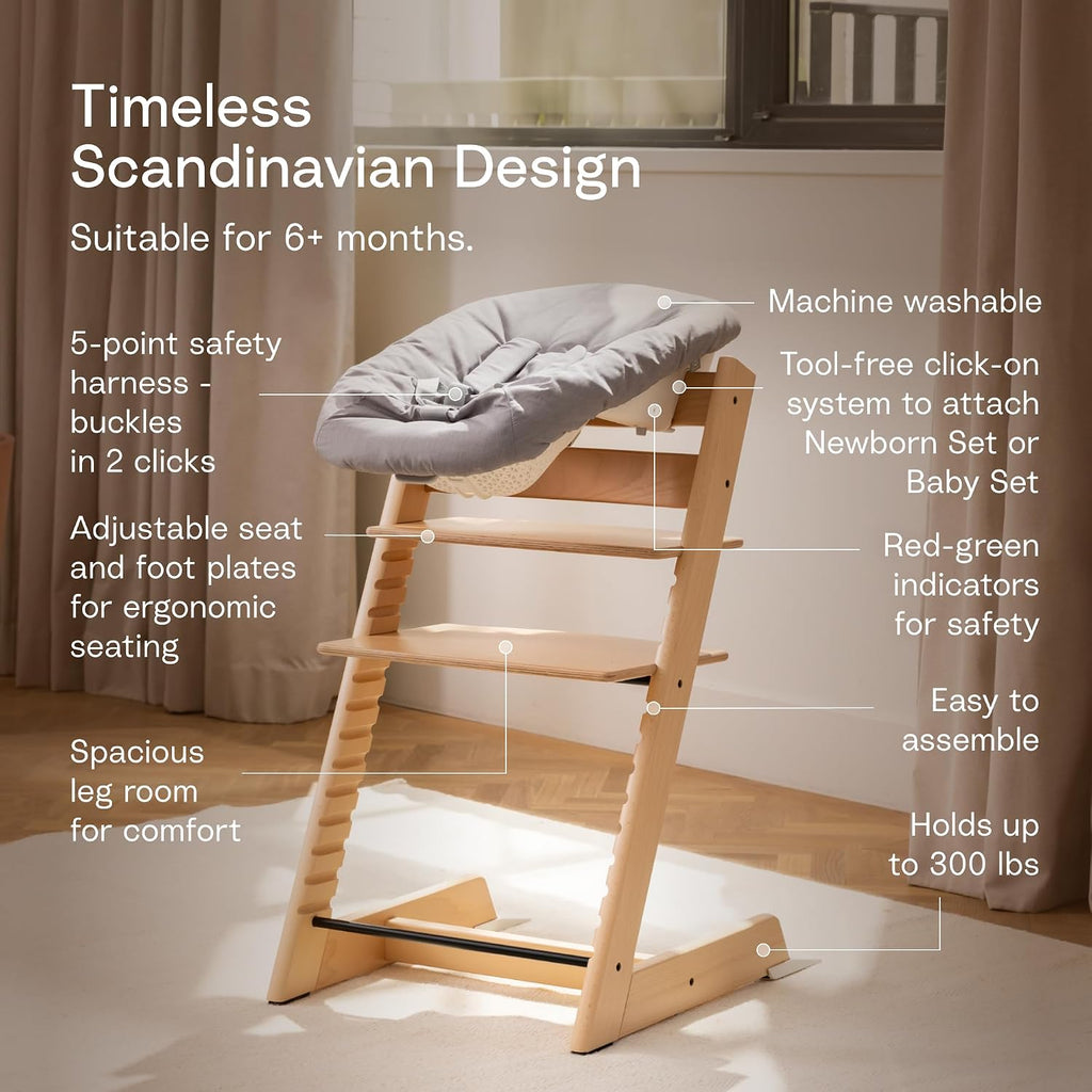 Tripp Trapp High Chair with Newborn Set and Tray, Natural/Grey | Includes Chair, Newborn Set, Removable Harness