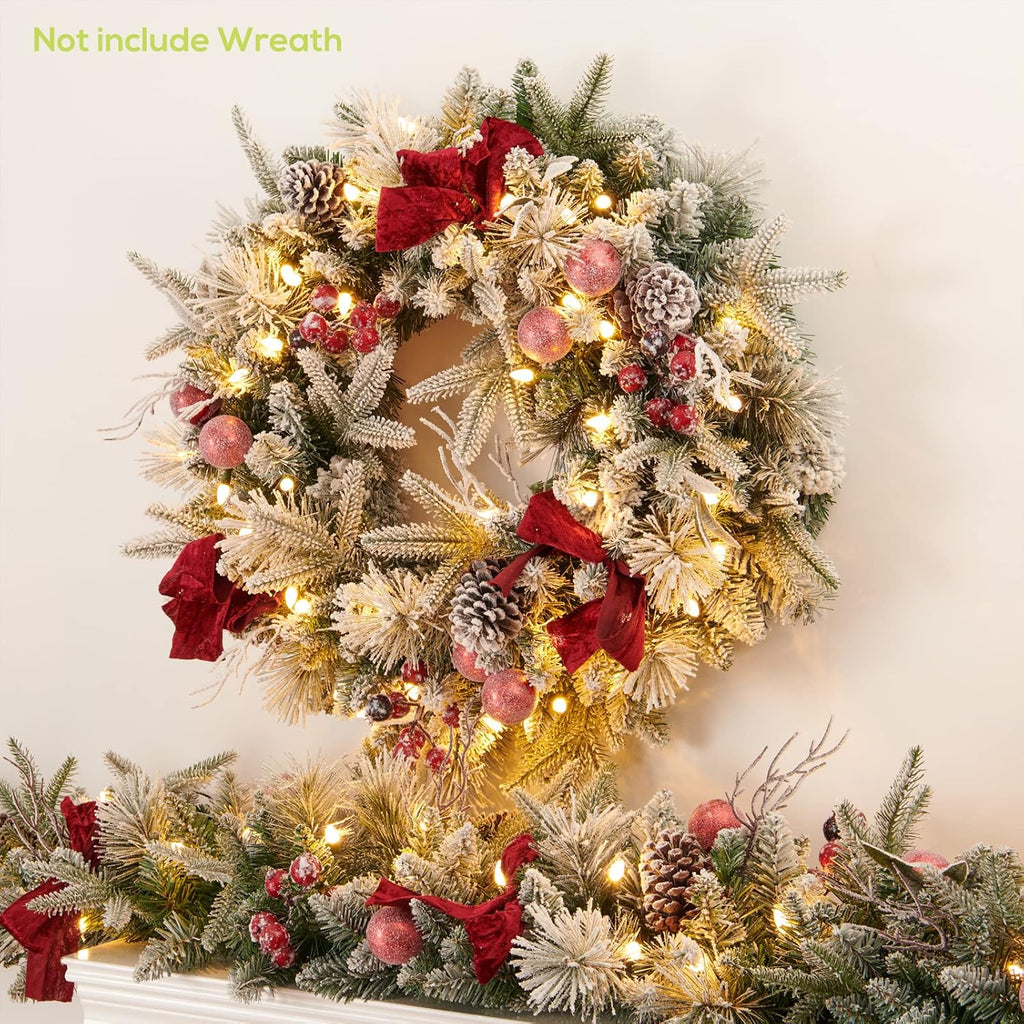 9FT Pre-lit Flocked Snow Christmas Garland, Berries and Bows and 50 Lights, Plug , Holiday Decoration Fireplace