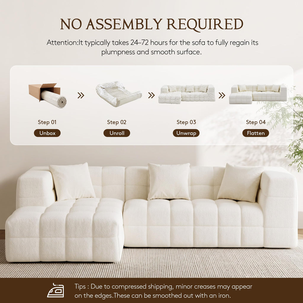 107" Cloud Sectional Couch with Chaise, Boneless Modular Sofa, Beige