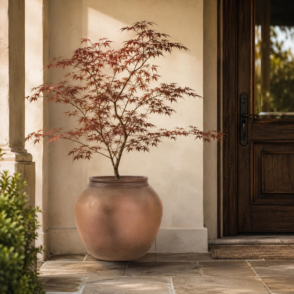 14" H x 17" Dia Brown Fiberstone Planter Pot with Drainage Hole, Weathered Stone-Look Decorative Flower Pot for Olive