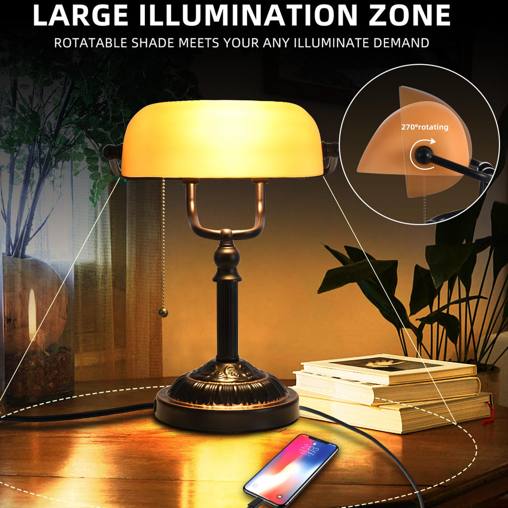 Bankers Desk Lamp with USB-A Port, Rustic Desk Lamp Pull Chain with Yellow Glass Shade, Vintage Banker's Desk Lamp