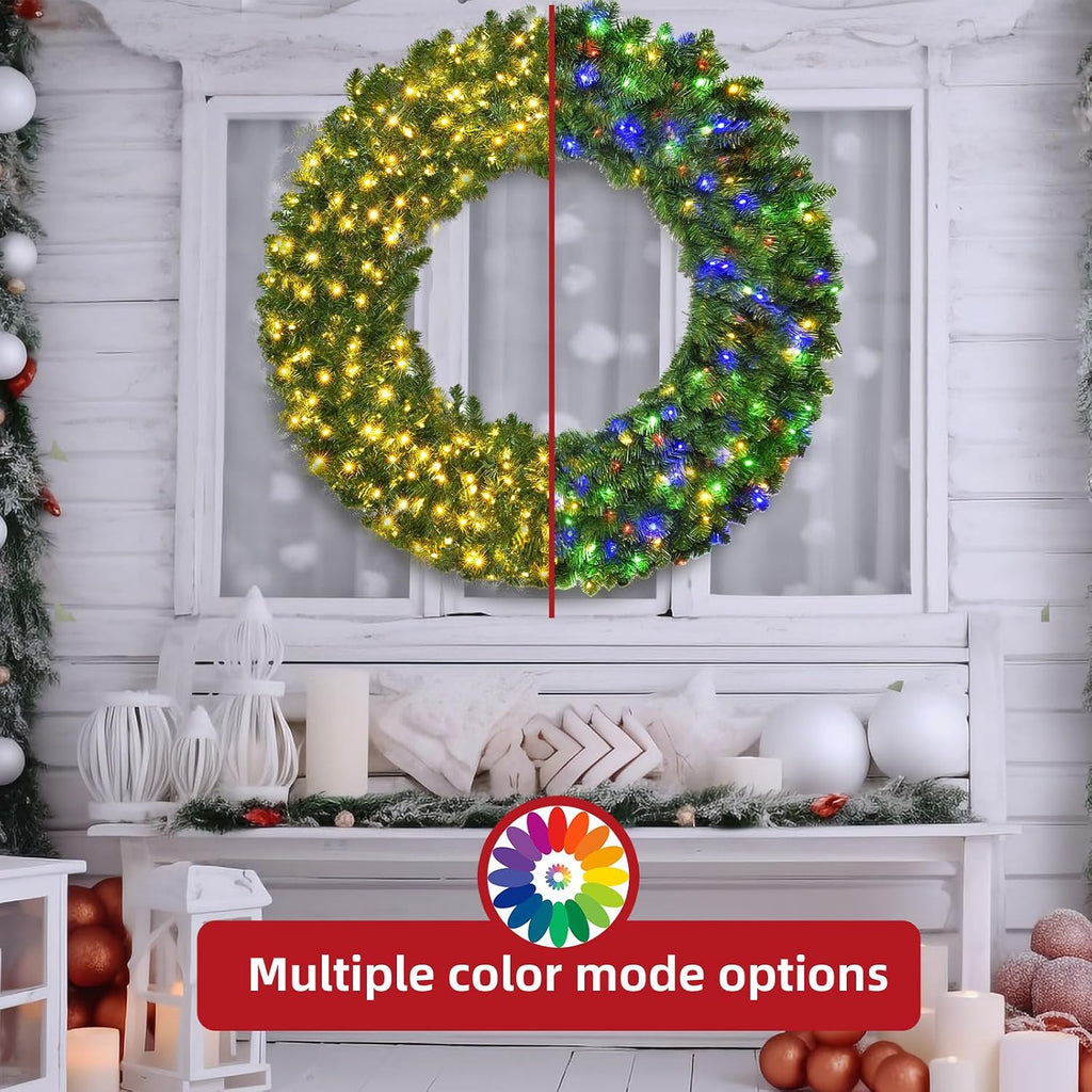 60in Large Christmas Wreath - Lighted Wreaths Holiday Decor, Outdoor Wreath with 300 Colorful LEDs, 930 PVC Tips, 9