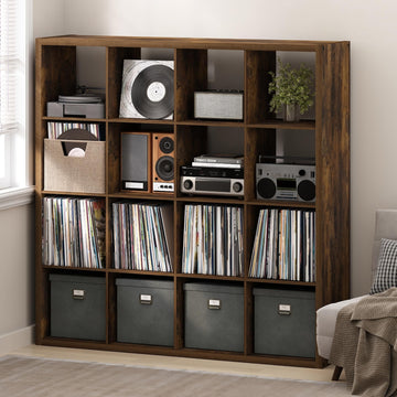 Cubicle Record Player Stand, 16-Cube Record Storage, Amber Pine