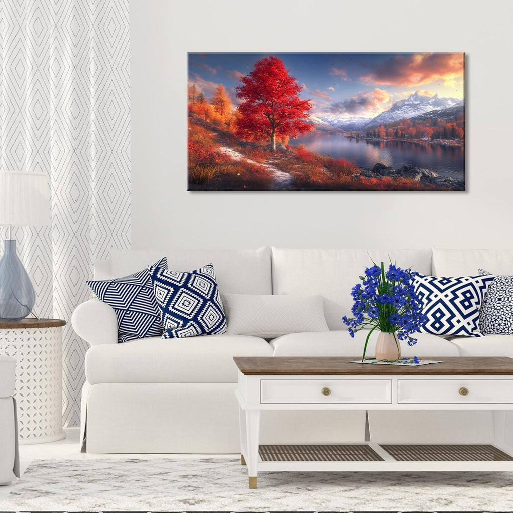 Beautiful Mountain Landscape Wall Art Office Nature Riverside Scenery Red Tree Painting Prints Autumn Scenic Canvas