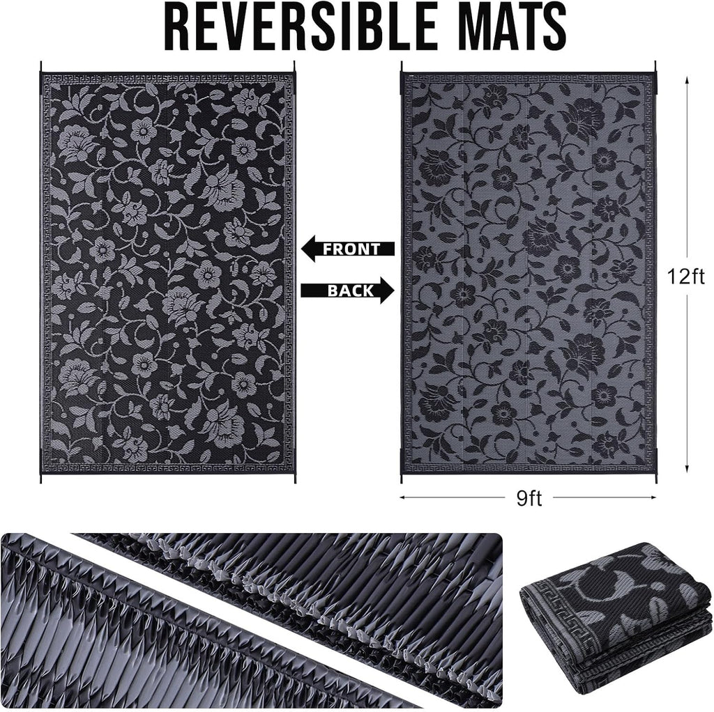 Outdoor Rug Waterproof Reversible Floral Mat, Black & Grey