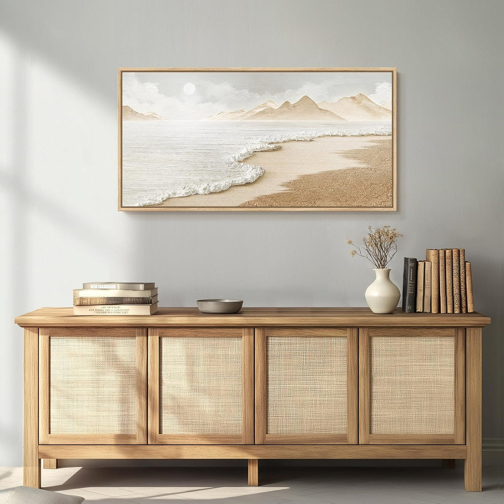 Framed Boho Beach Coastal Wall Art , Large Neutral Ocean Canvas Artworks for Walls, Horizontal Abstract Minimalist