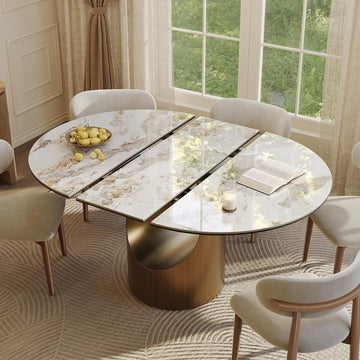 Modern Extendable Dining Table for 4-6, 47" to 63" Round to Oval Sintered Stone Kitchen Table with Carbon Steel Base