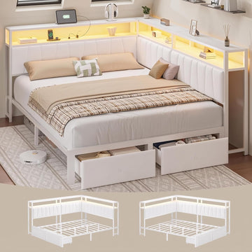Queen Corner Bed Frame with Storage Drawers, Modern Daybed with LED Lights and Charging Station, Metal Platform Bed