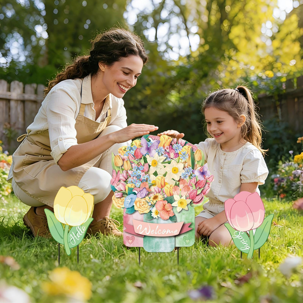 3Pcs Hello Spring Welcome Flower Yard Stakes Metal Floral Outdoor Decor, 2-in-1 Decorative Tulip Flower Sign for