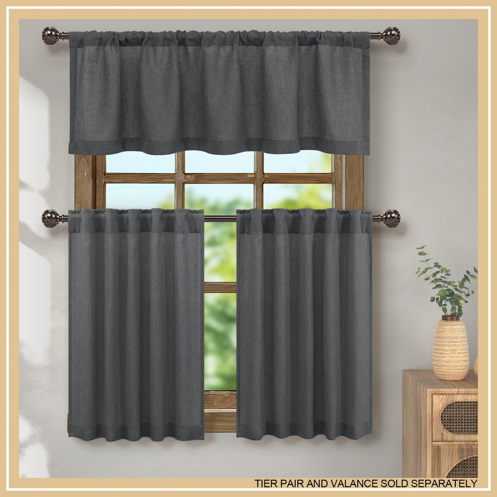 Dark Grey Valance for Window - 18 Inch Length, Light Filtering Sheer Linen Cotton Kitchen Valance, Small Window