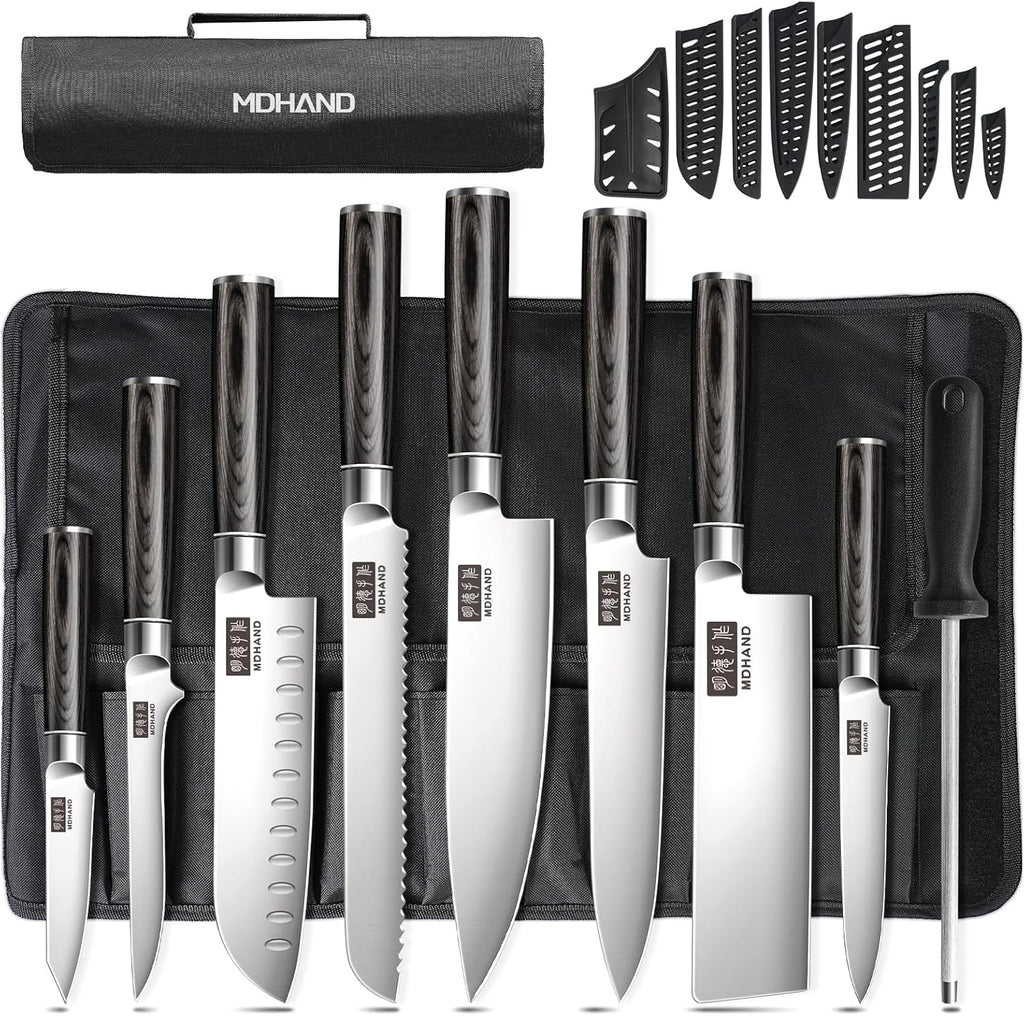 Chef Knife Set with Roll Bag, Ultra Sharp Japanese Kitchen Knife Set | High Carbon Stainless Steel 9PCS Kitchen