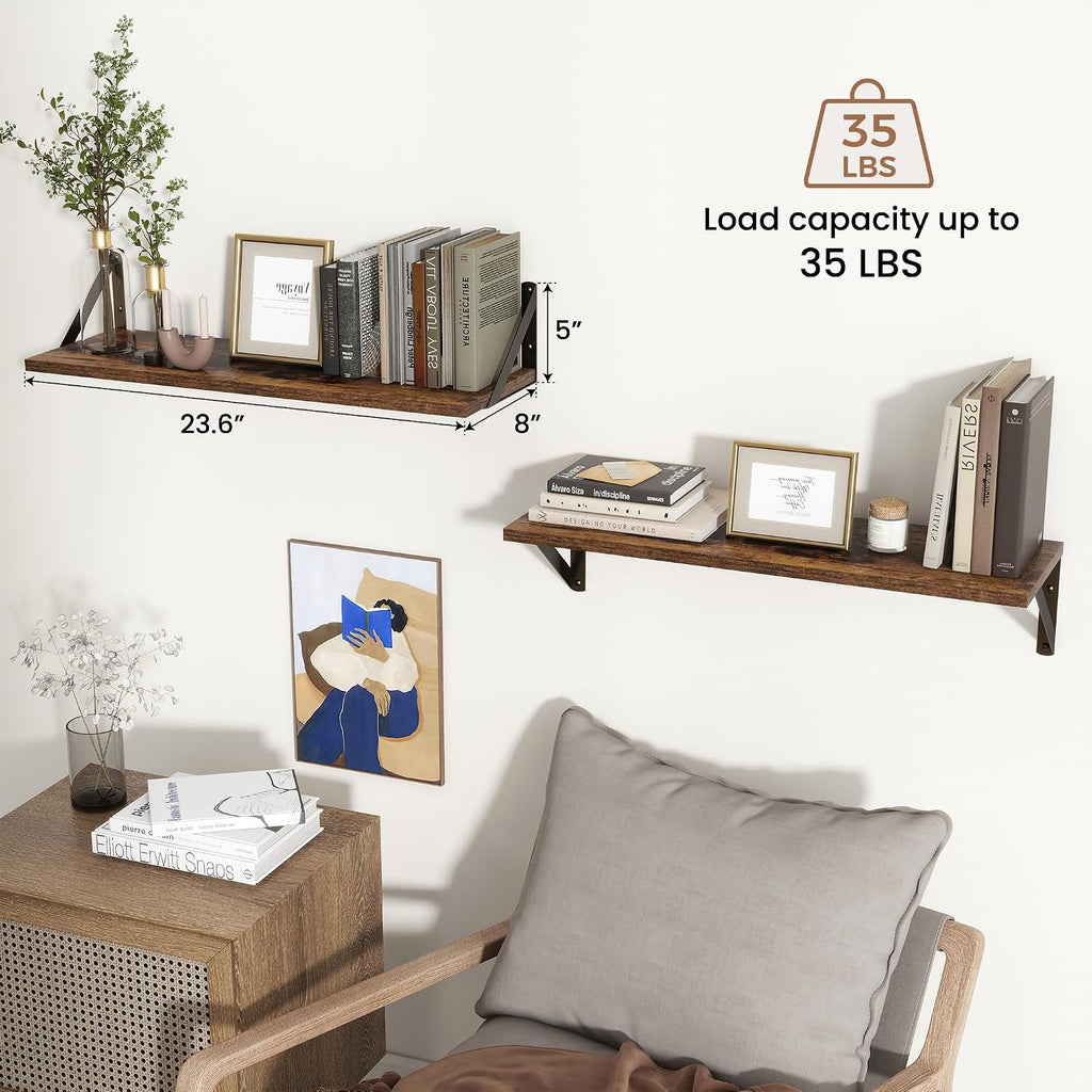 24 Inch Floating Shelves, 8 Inch Deep Brown Wall Shelves Set of 2 | 24'' x 8'' Rustic Brown Wood Shelves for