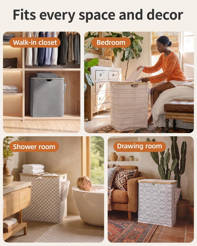 140L Laundry Hamper with Lid, 2 Section Dirty Laundry Bin