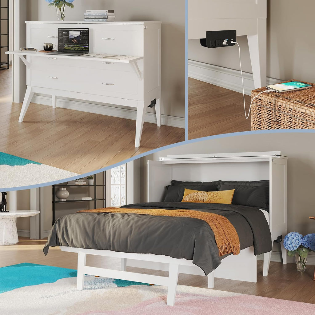 Full Murphy Bed Desk with Memory Foam 6" Mattress and Built-in USB Charger, White