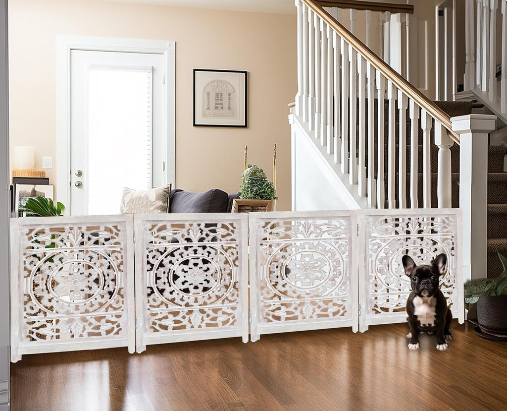 Wooden Foldable Pet Dog Gate - Hand Carved 4-Panel 80 W x 24 H