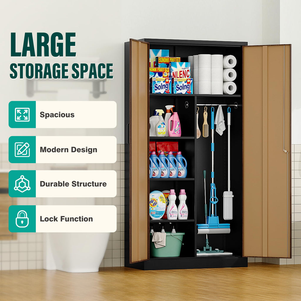 Wide & Deep Metal Storage Cabinet with Hanging Rod, Broom Closet Storage Cabinet with Lock, 72" Tall Wardrobe Cabinets