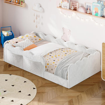 Upholstered Floor Bed with Side Storage Pockets, Bed Frame, White