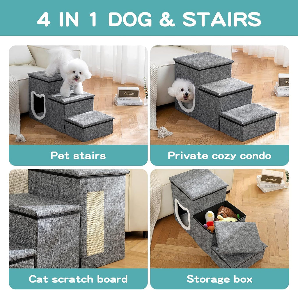 Pet Stairs with Storage and Condo, Cat Stairs for Old Cats, Grey