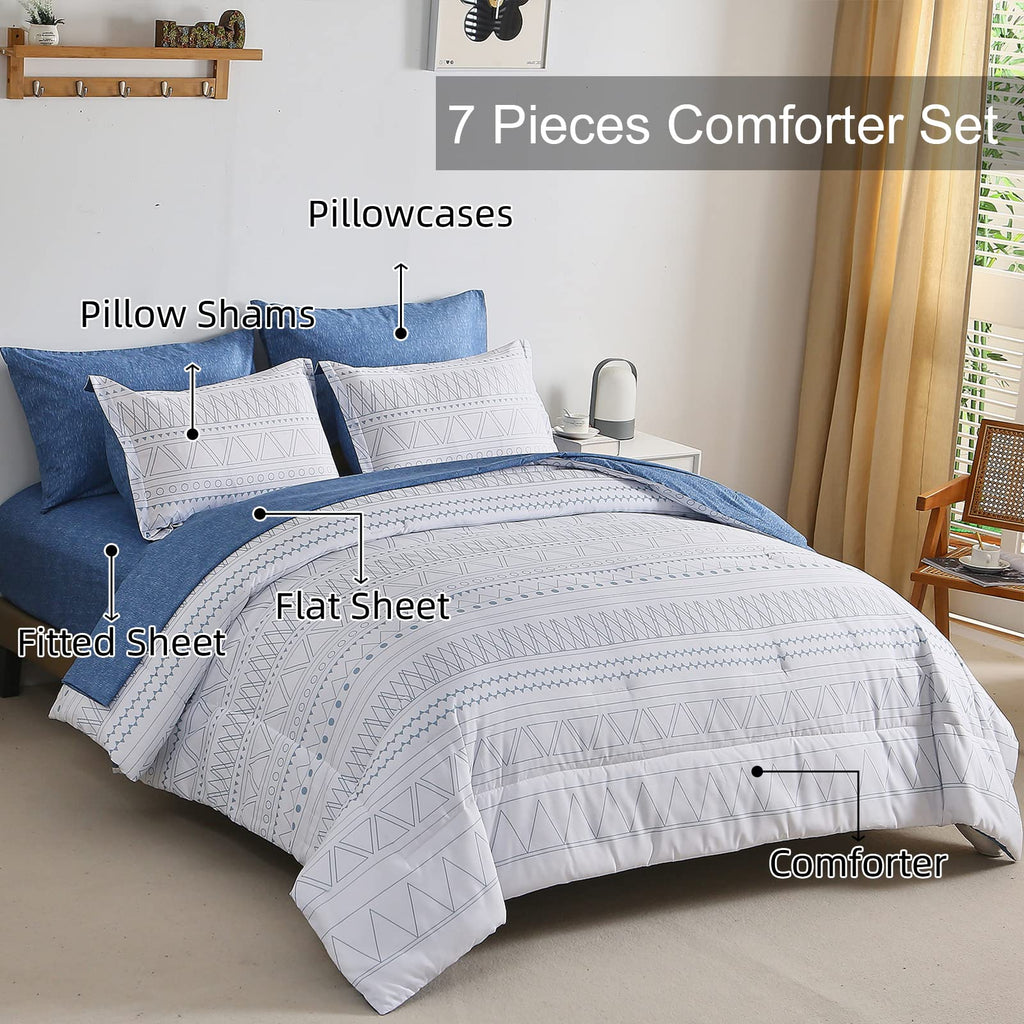 Blue Boho Bed in a Bag King, 7 Pieces Navy Comforter Set Queen Geometric Comforter Bedding Set Reversible Soft