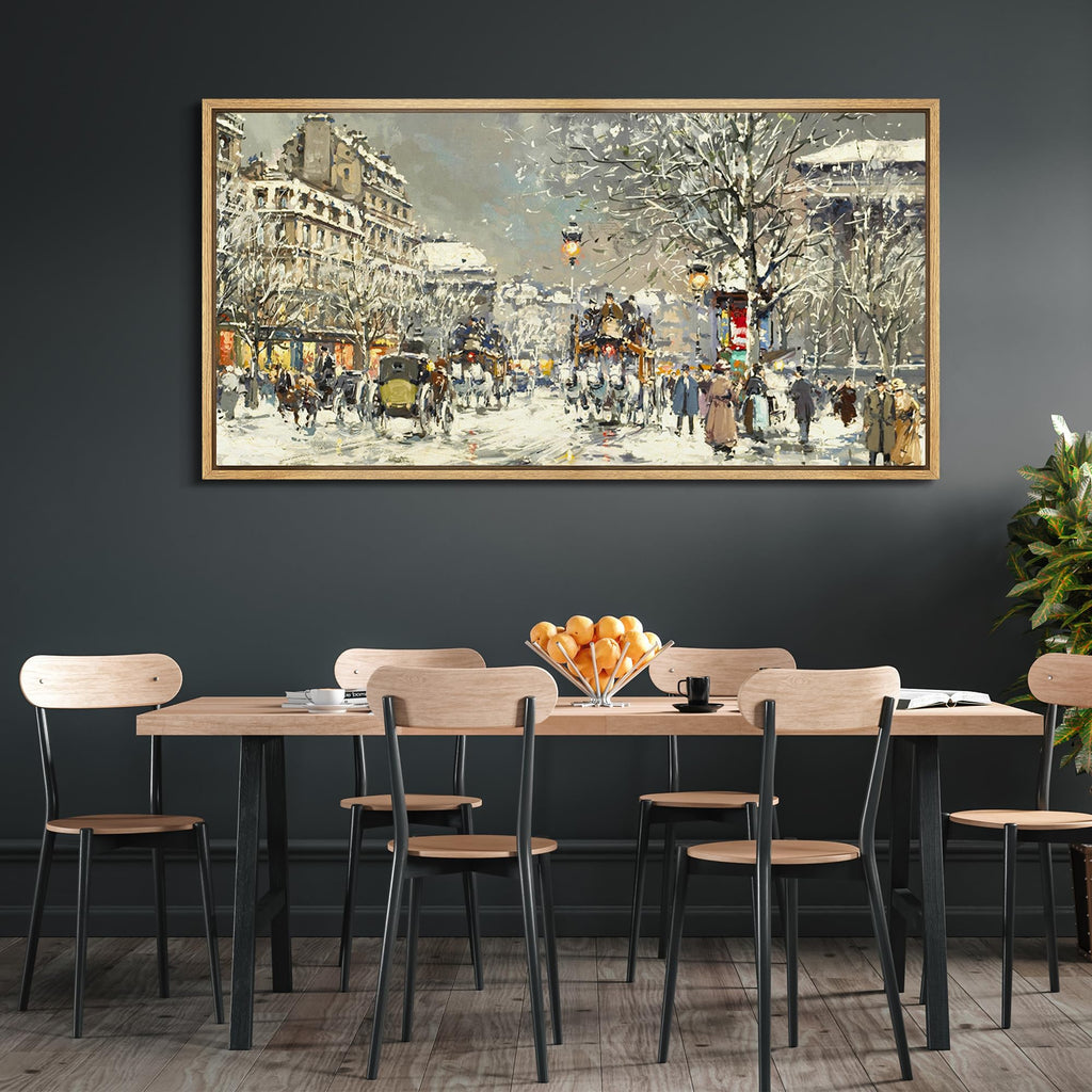 Extra Large Framed Canvas Print Wall Winter Cityscape Street Scene in Snow Antique Retro Fine Illustrations