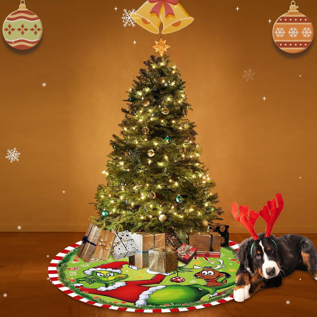 48 Inch Christmas Tree Skirt - Soft and Funny Farmhouse Christmas Tree Collar with Red & Green Trim Decor Xmas