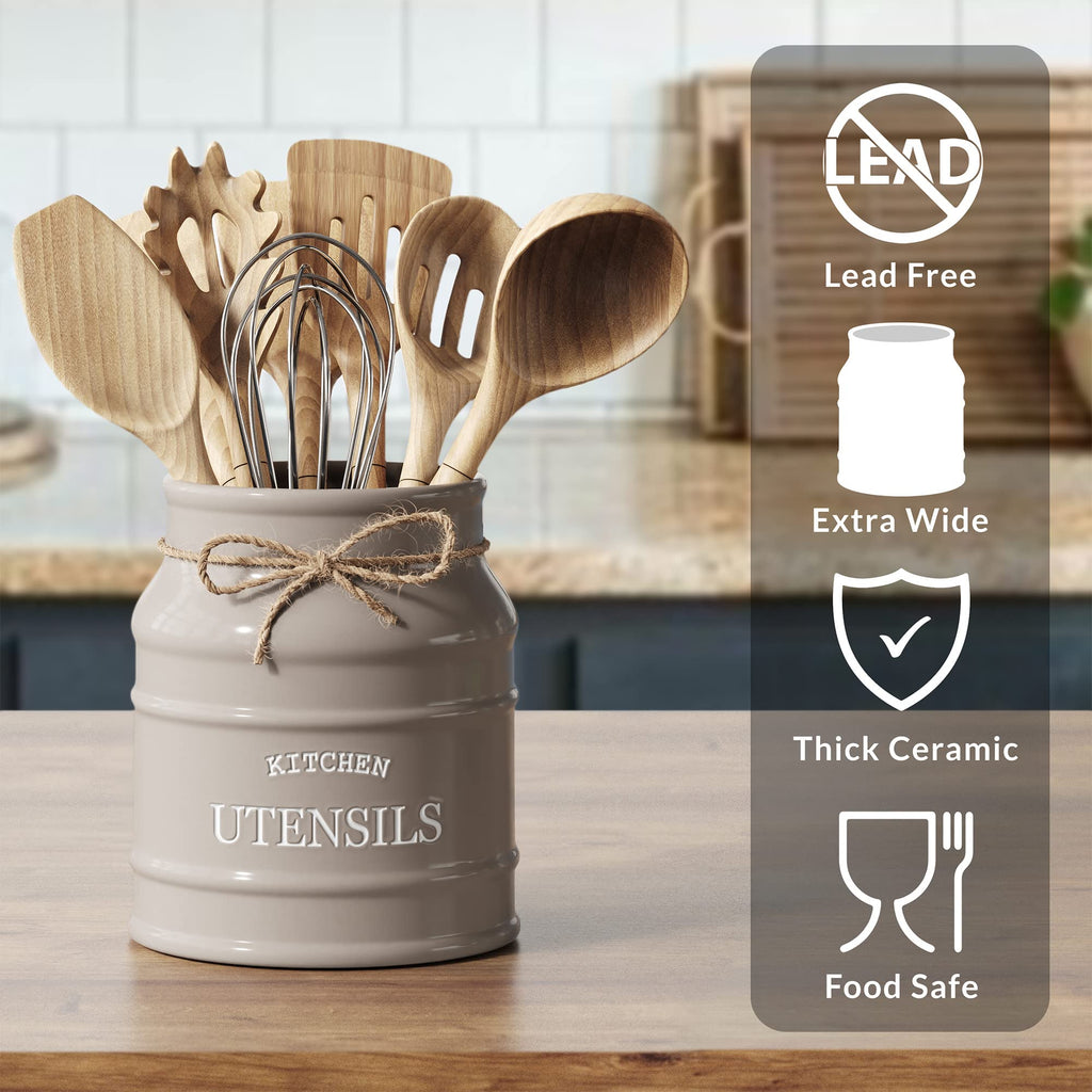 Ceramic Kitchen Utensil Holder Countertop 6.75′′ (Taupe)