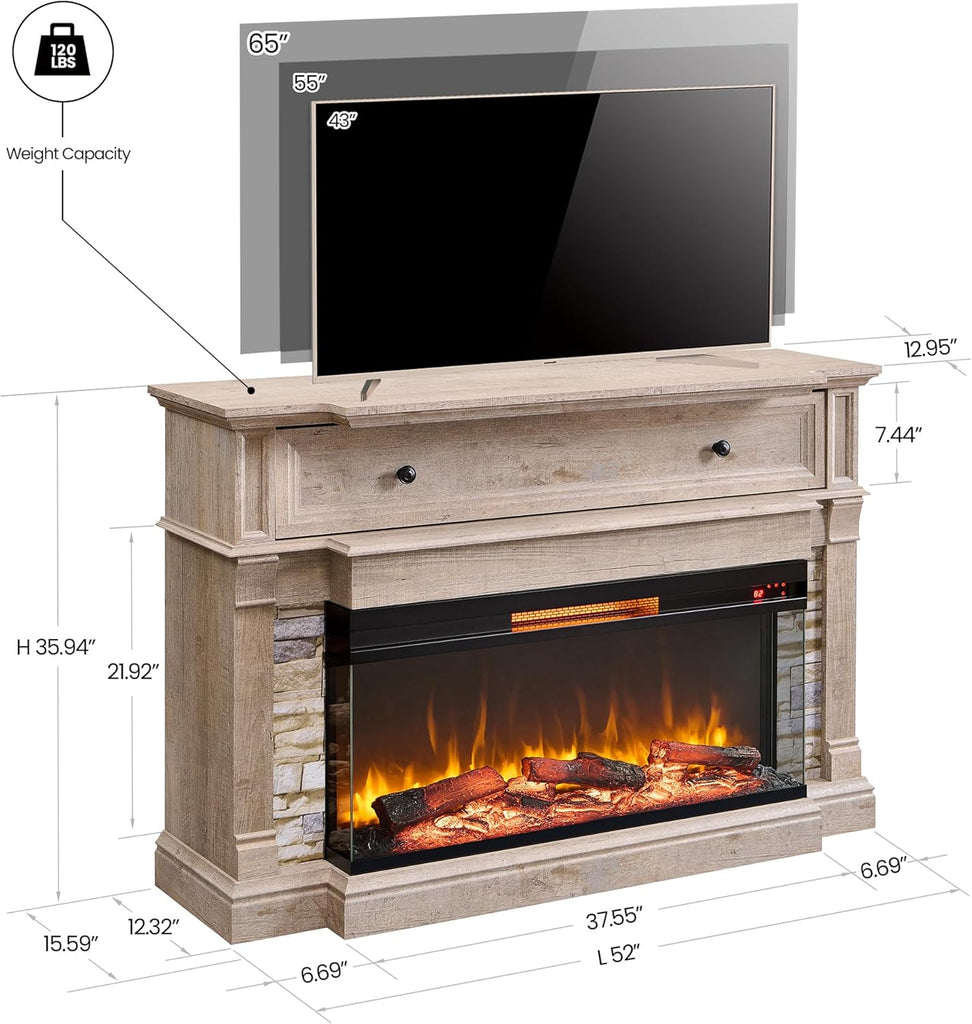 52" Electric Fireplace with Mantel, Freestanding Fireplace Heater TV Stand with 36" 3-Side Glass Insert for TVs Up to
