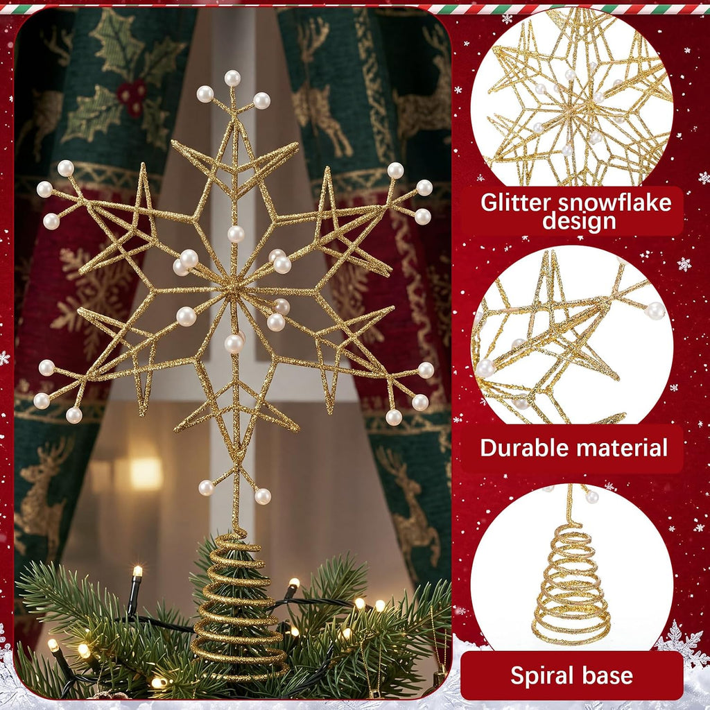 12.6 Inch Snowflake Christmas Tree Topper, Golden Glitter with Pearl