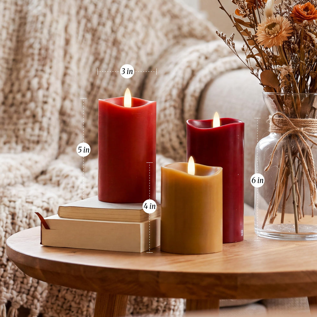 Fall Flameless Pillar Candles with Remote, Real Wax LED Candles, Set of 3