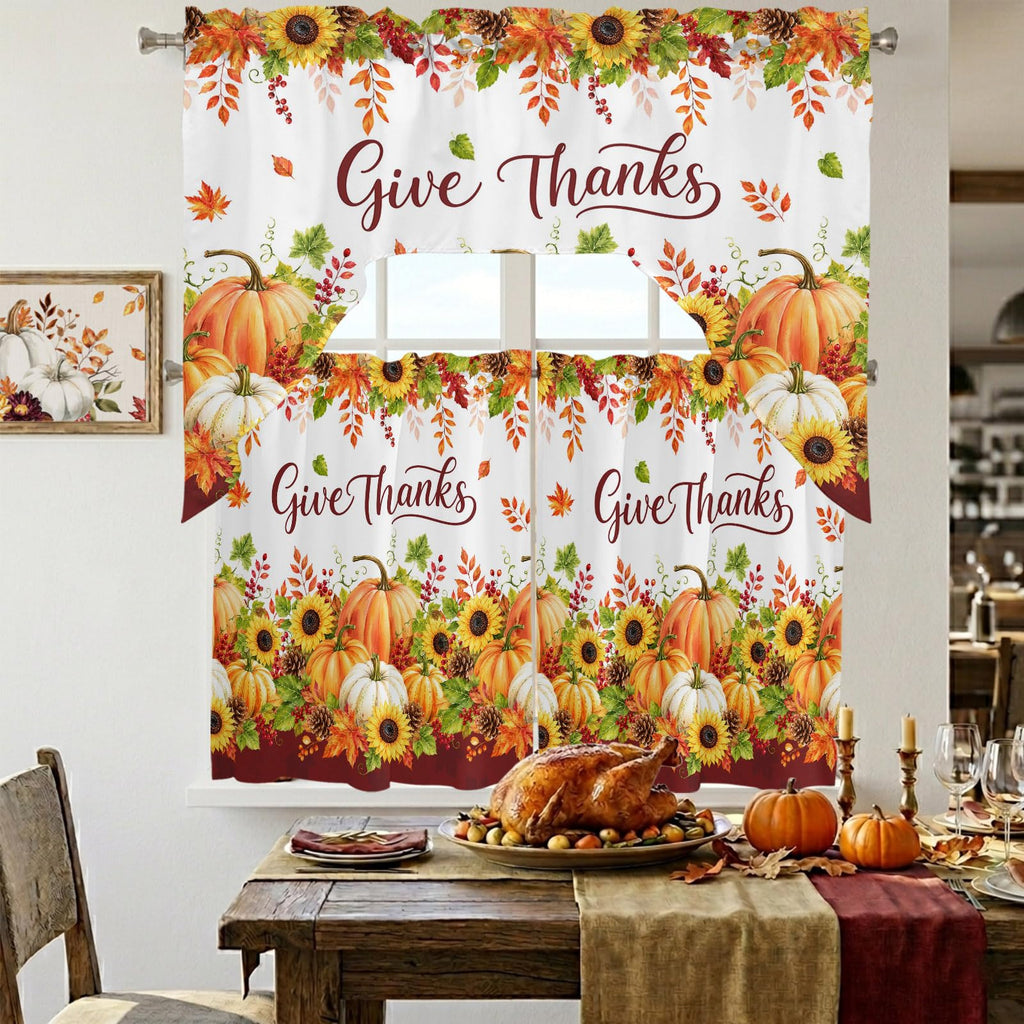 Thanksgiving Fall Kitchen Curtain and Valance Set 3 Pieces, Boho Farmhouse Orange Pumpkin Rod Pocket Short Tier