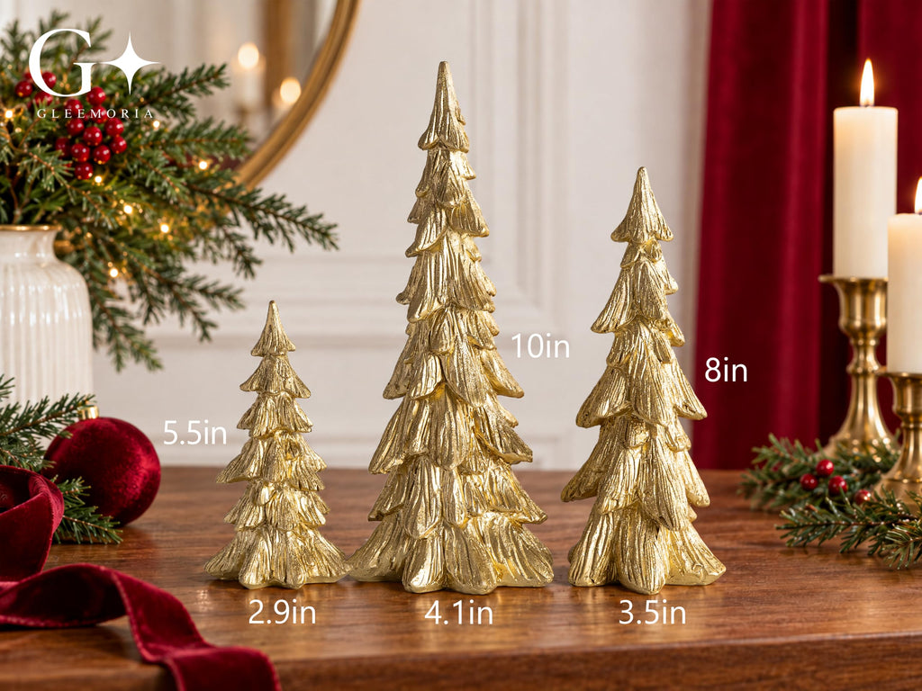 3PCS Gold Christmas Tree Figurines, Resin Tabletop Decor