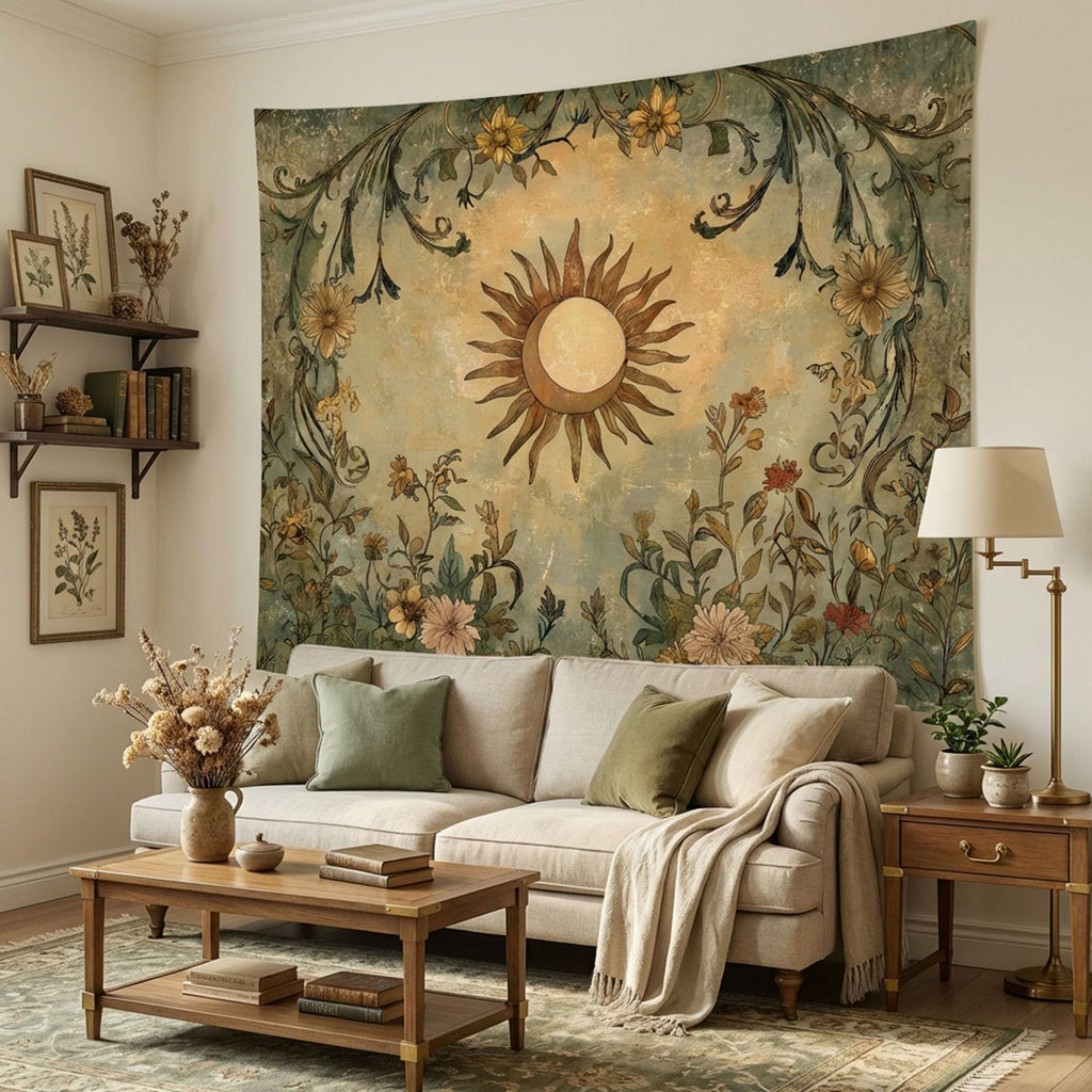 Vintage Sun and Moon Tapestry, Boho Retro Green Plant Aesthetics Tapestries Dorm, 60x80 inches