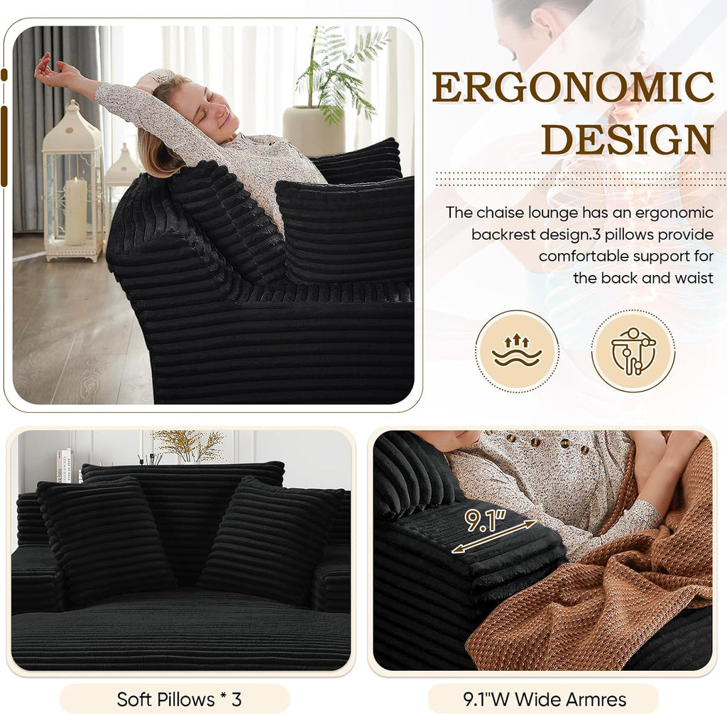 Oversized Chaise Lounge Chair Indoor,50" W Upholstered Corduroy Sofa with 3 Pillows,Comfy Fluffy Cloud Couch,Modern