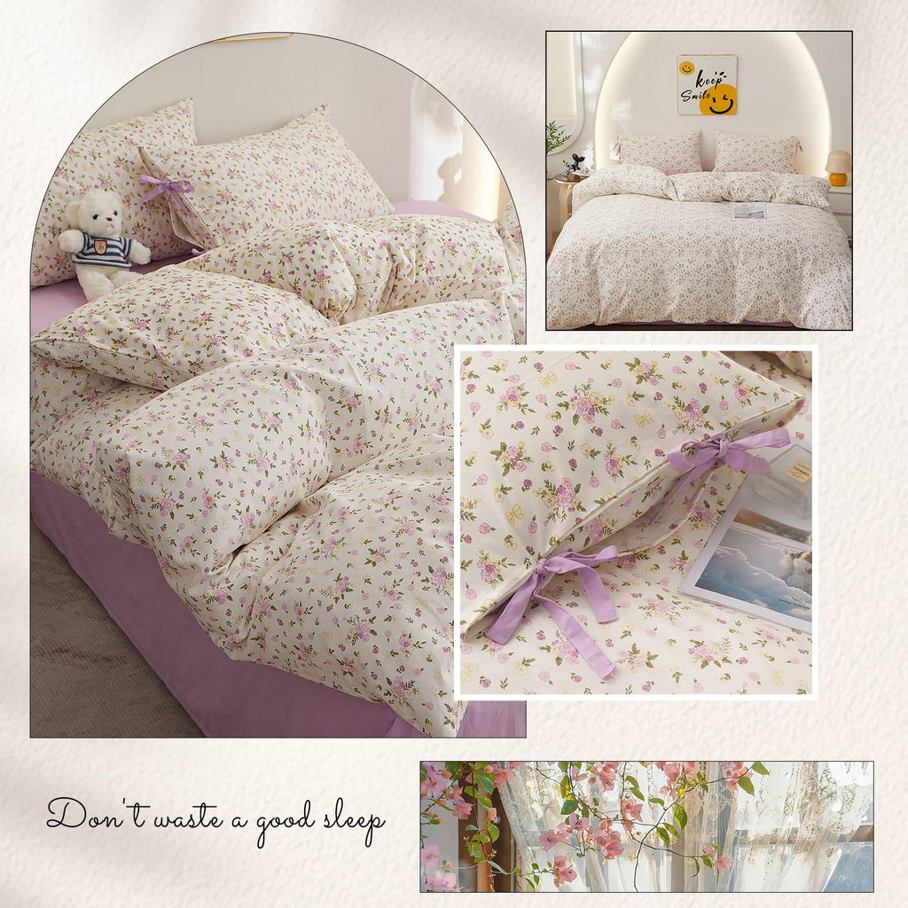 Farmhouse Boho Comforter Set Queen Floral with 2 Bowknot Bow Tie Pillowcases, Soft Cotton Fluffy Queen Comforter Bed