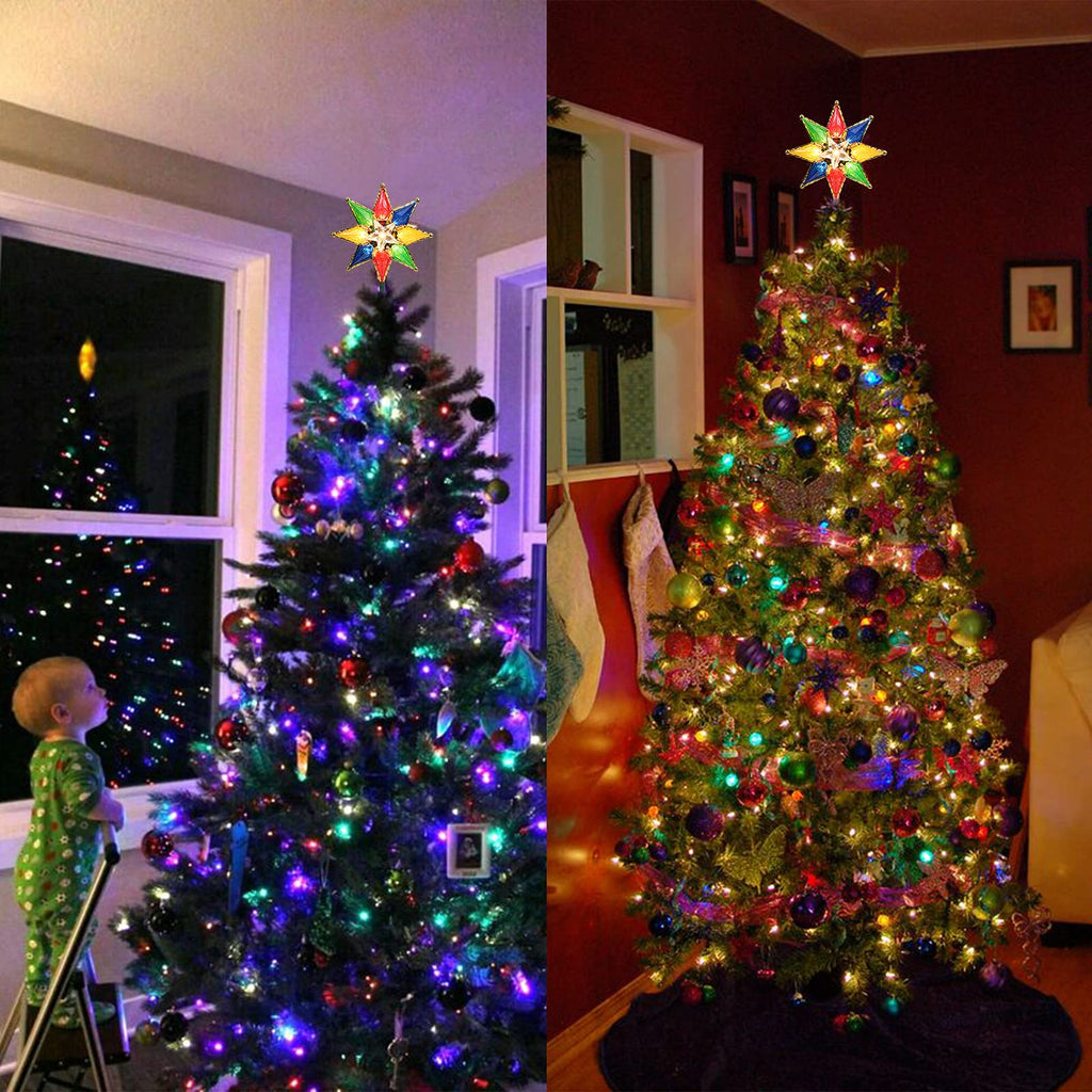 Christmas Star Tree Topper, 8" Lighted Double-Sided Christmas Tree Topper, 8-Point Multi Color Xmas Tree Topper with