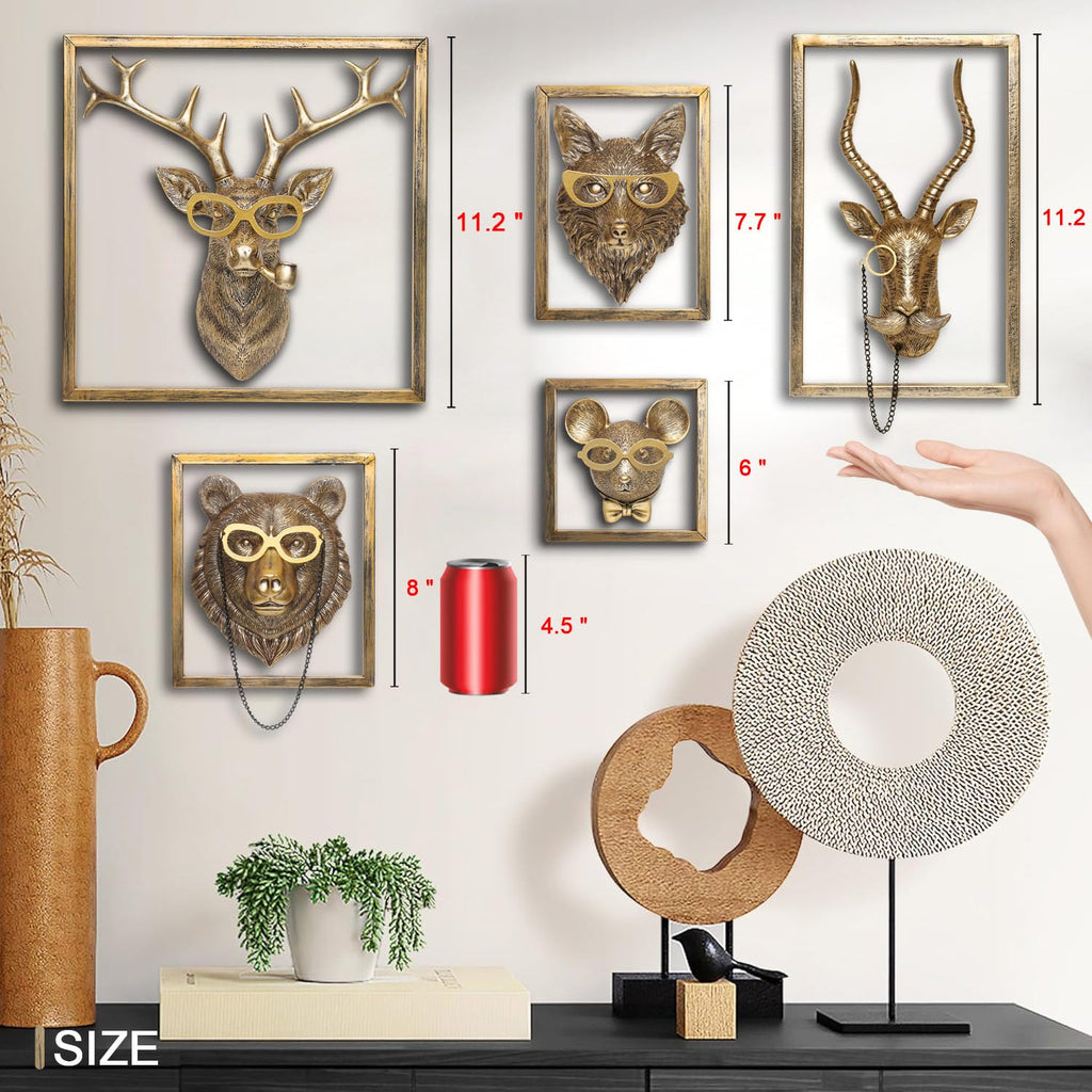 Animal Heads Wall Decor (5pcs, Includes Metal Frame) Resin Animals Sculptures Head Wall Hanging Decoration Gold