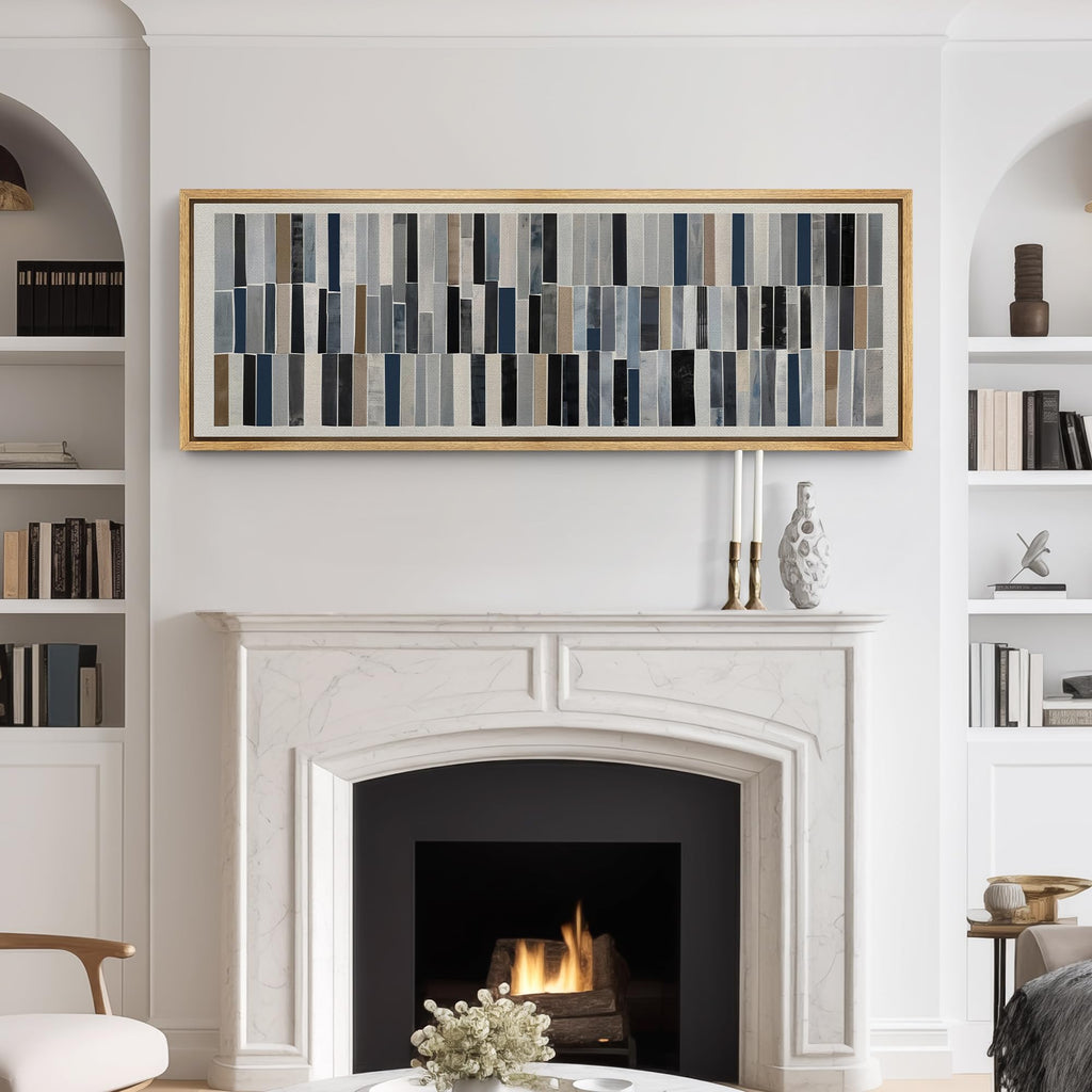 Large Framed Canvas Print Wall Art Abstract Striped Pattern Modern Earth Tones and Blues Geometric Illustrations