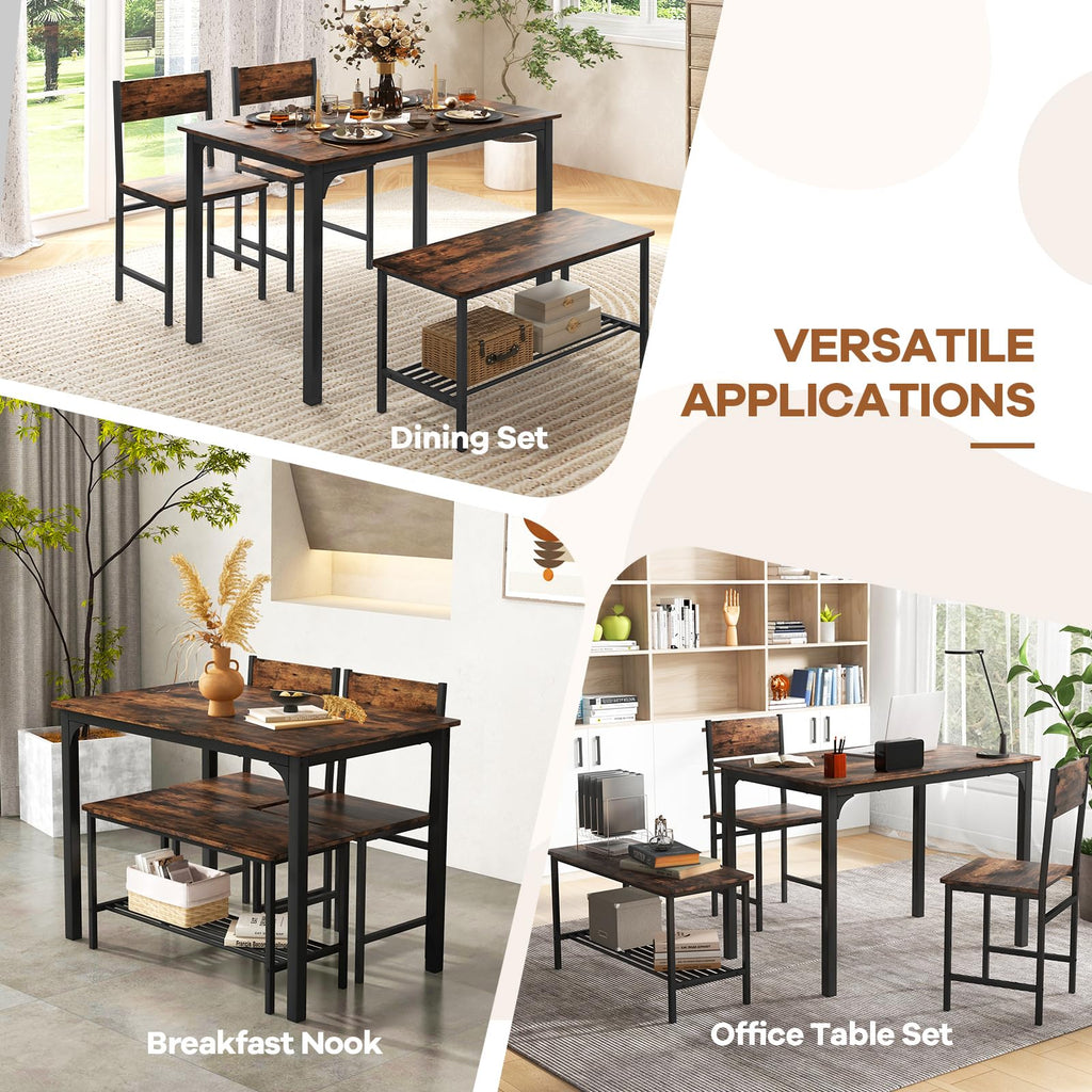 Small Dining Table Set for 4 with Bench, Industrial Kitchen Table and Chairs, Rustic Brown Wood & Black Metal 4-Piece