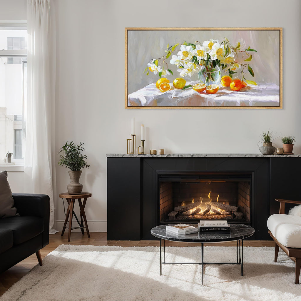 Extra Large Framed Canvas Print Wall Art Vibrant Still Life with White Blossoms and Citrus Fruits Antique Retro Ready
